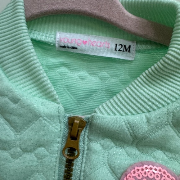 NWOT Young Hearts 12M Green & Pink Heart Shiny Girls Bomber Jacket - Picture 3 of 5